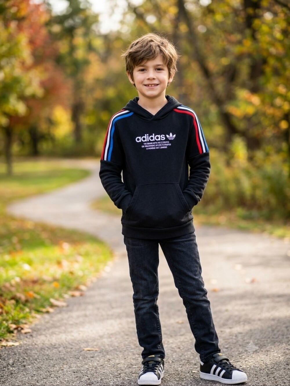 adidas Black Hoodie Sweater with Red & Blue Shoulder Stripes